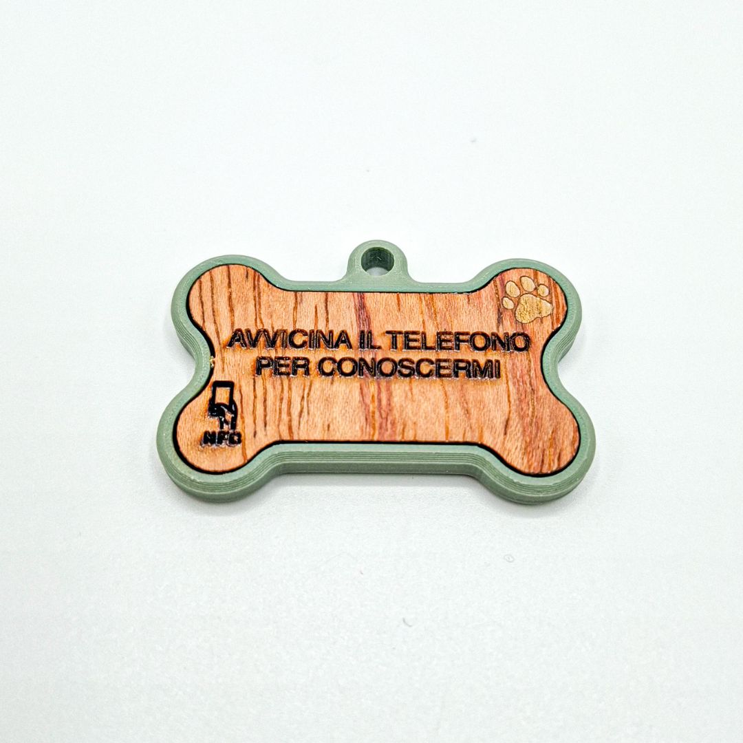 Medaglietta NFC Cane con Profilo Digitale – Osso ALI – Verde Salvia – Base